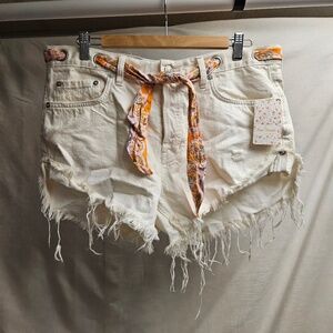 NWT White distressed denim jean shorts orange belt tie free people 12 summer fun